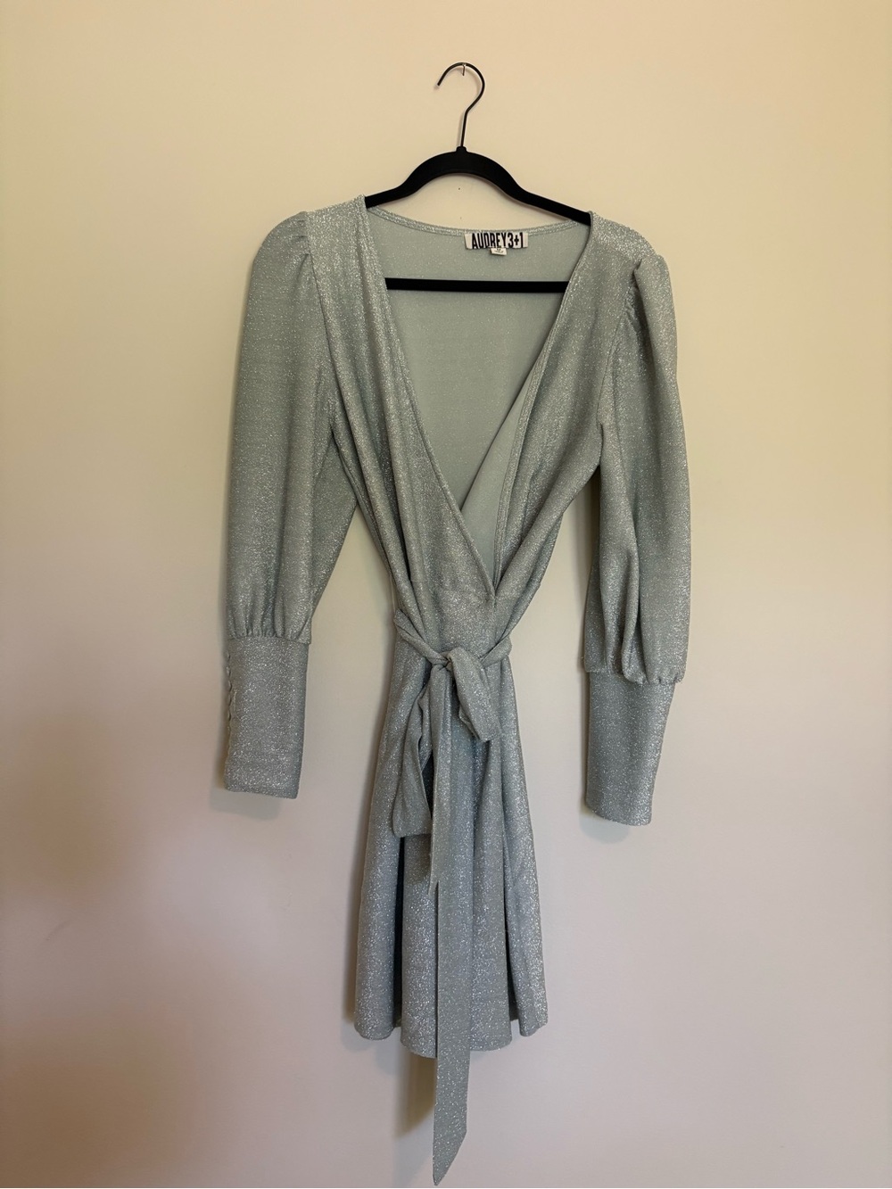 Audrey 3+1 Shimmery Silver-Green Wrap Dress with Tie Waist